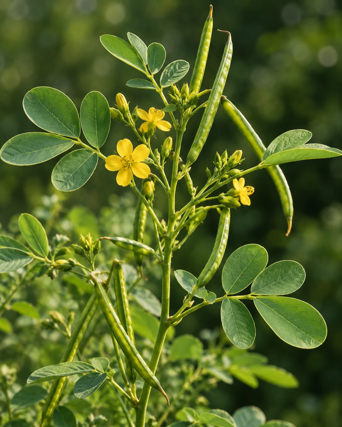 Botanical illustration of a cassia plant with green leaves, yellow flowers and long seed pods