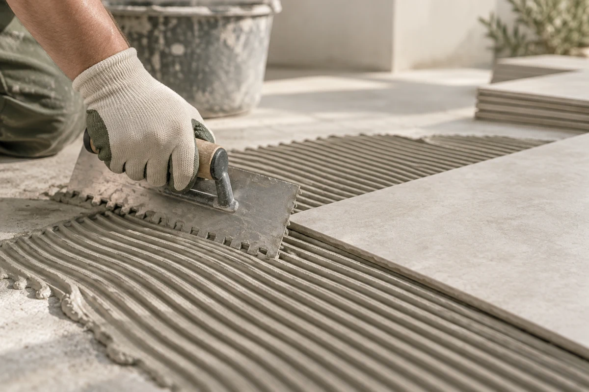 Application of tile adhesive