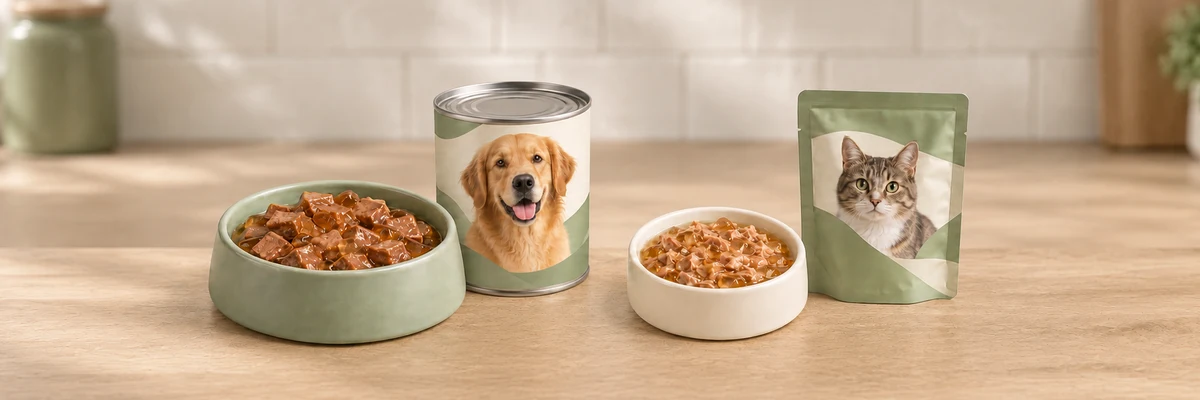 Dog and cat wet pet food bowls with an unbranded can and pouch